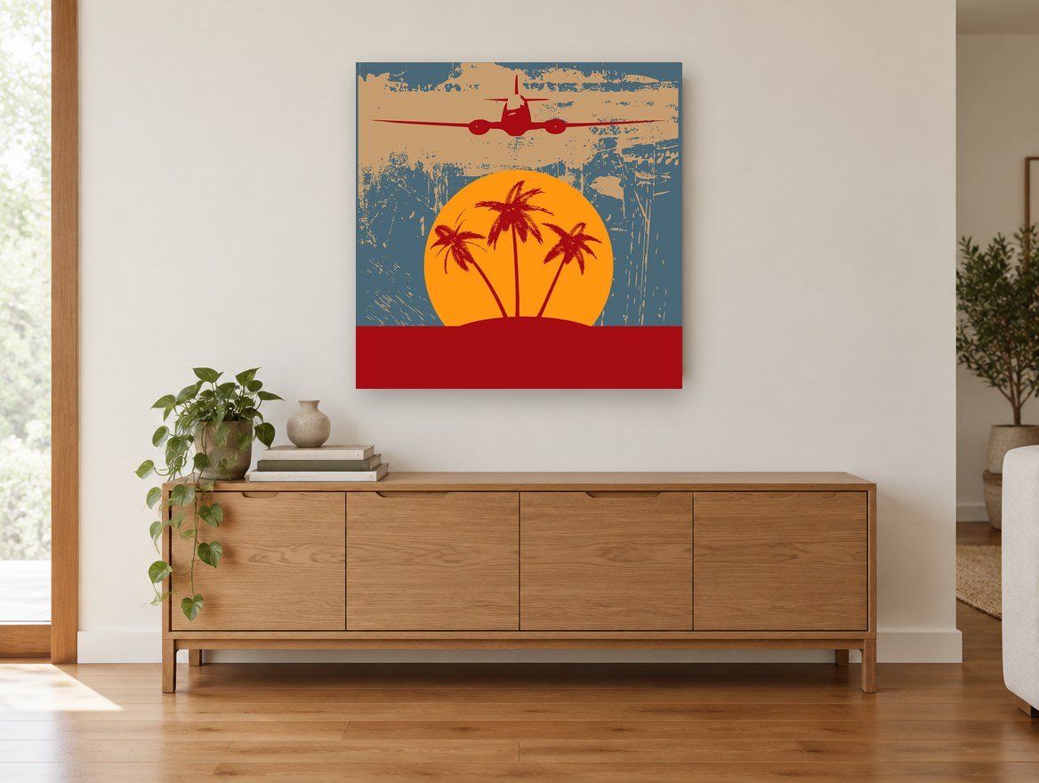 Island Flight at Sunset vintage canvas print on the wall of a living room above a sideboard