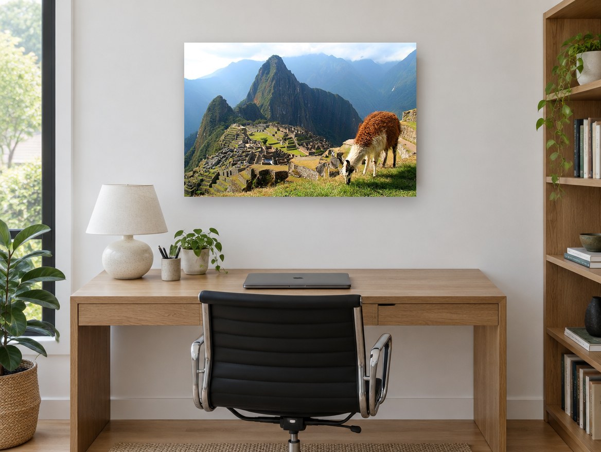 Llama Above the Citadel landscape canvas print on the wall of a study