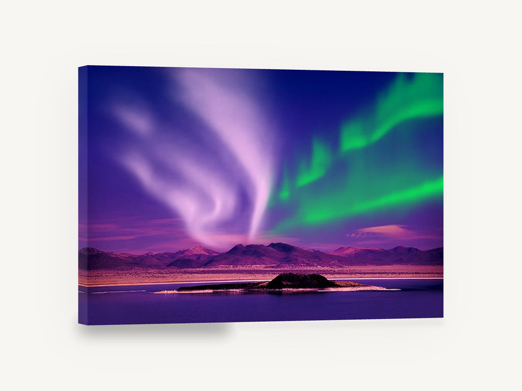 Aurora Over Still Lake, northern lights over lake photograph, coastal canvas wall art print ready to hang