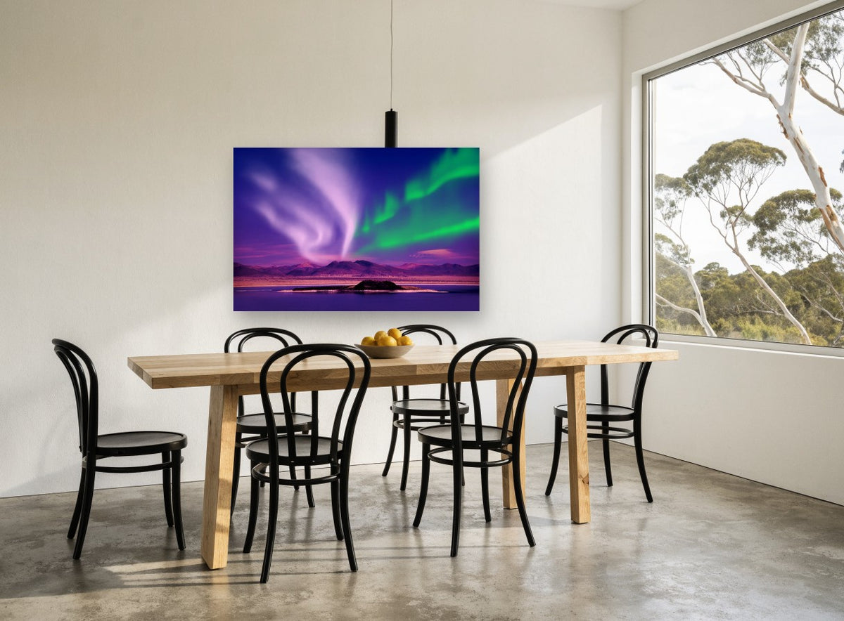 Aurora Over Still Lake coastal canvas print on the wall of a dining room
