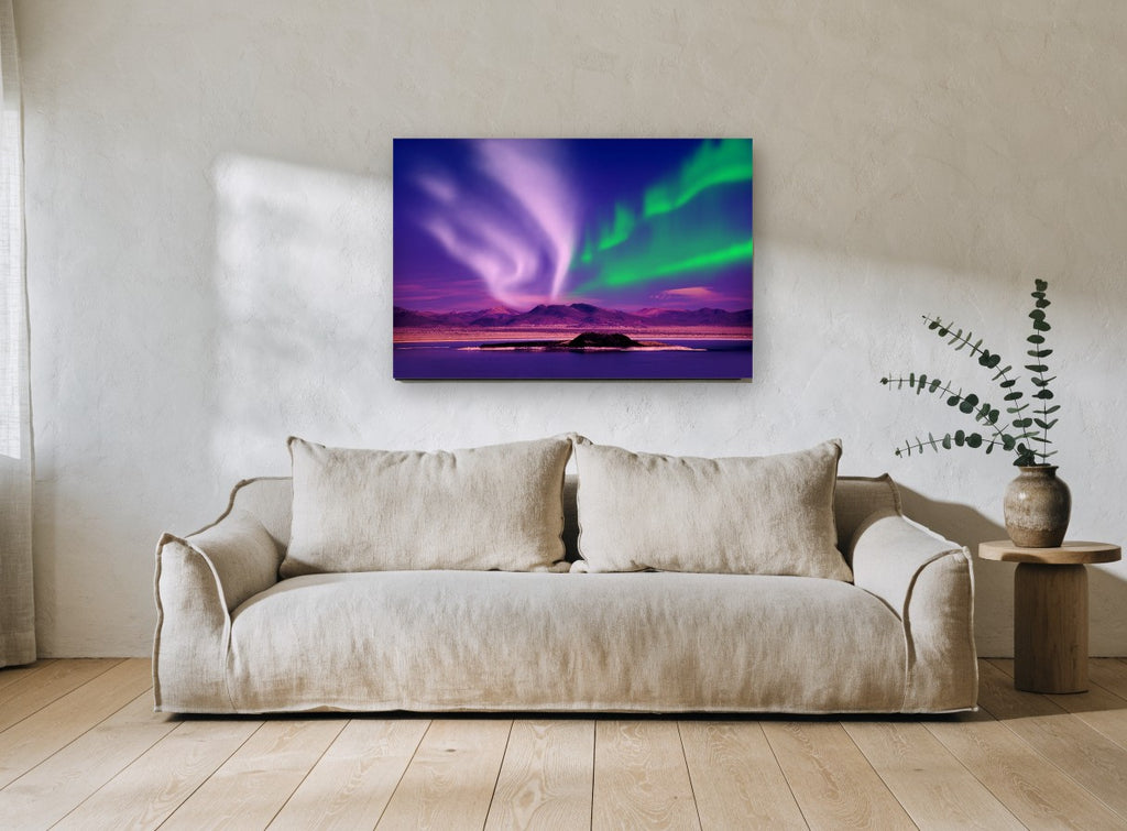 Aurora Over Still Lake coastal canvas print on the wall of a living room