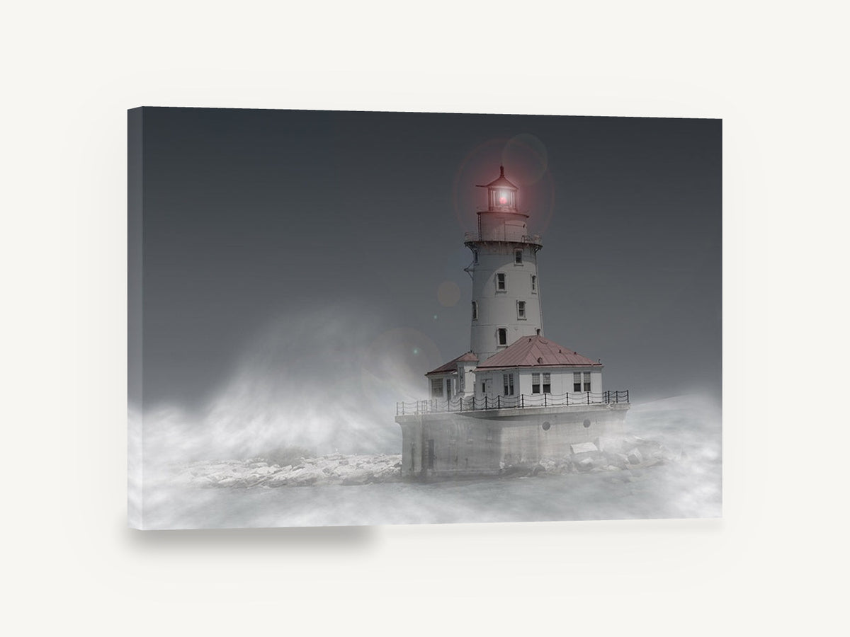 Lighthouse in the Mist, lighthouse storm mist seascape photograph, coastal canvas wall art print ready to hang