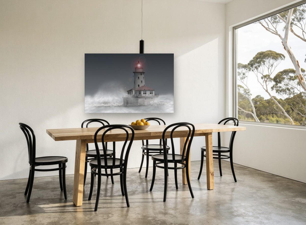 Lighthouse in the Mist coastal canvas print on the wall of a dining room