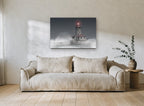 Lighthouse in the Mist coastal canvas print on the wall of a living room