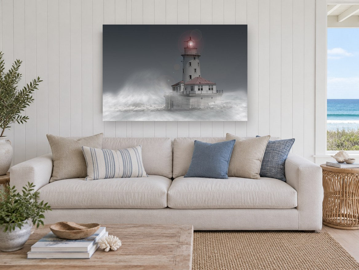 Lighthouse in the Mist coastal canvas print on the wall of a beach house living room