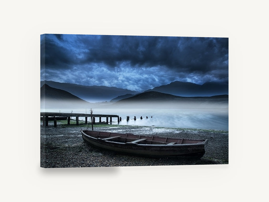 Misty Lake Rowboat, stormy misty lake boat photograph, coastal canvas wall art print ready to hang
