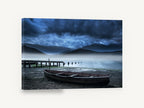 Misty Lake Rowboat, stormy misty lake boat photograph, coastal canvas wall art print ready to hang