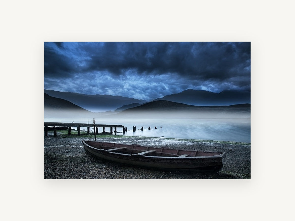 Misty Lake Rowboat, coastal canvas wall art print, front view