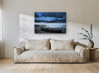 Misty Lake Rowboat coastal canvas print on the wall of a living room