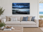 Misty Lake Rowboat coastal canvas print on the wall of a beach house living room