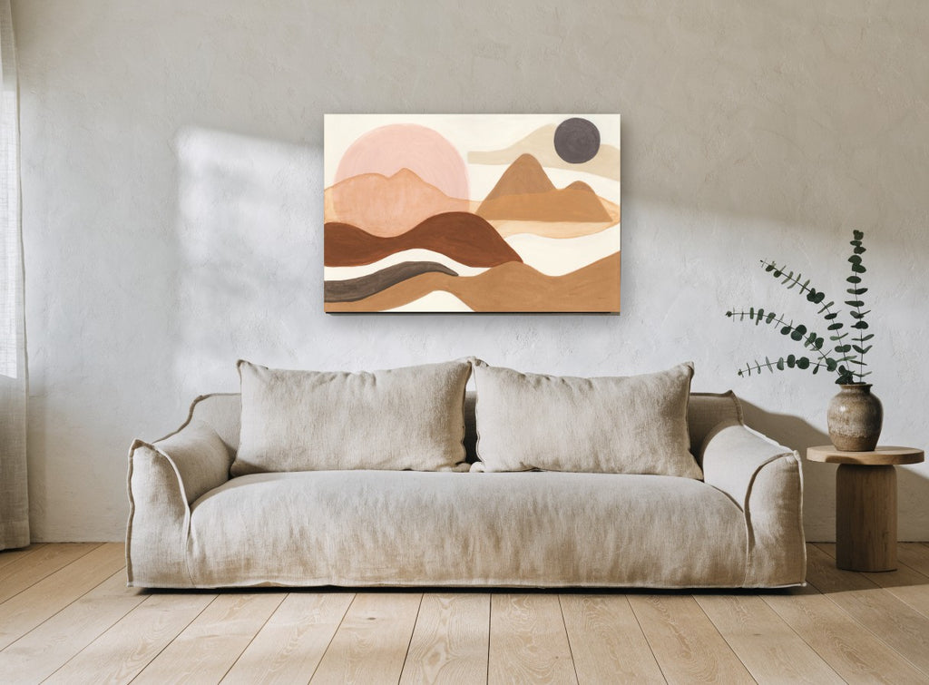 Terracotta Dunes Sun landscape canvas print on the wall of a living room