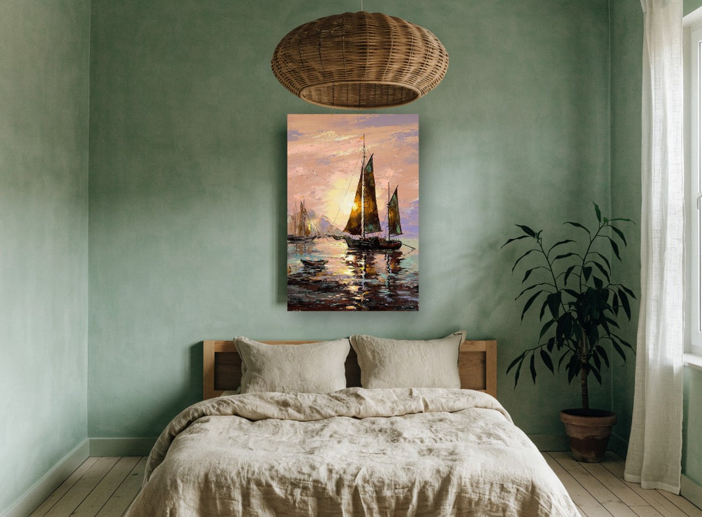 Golden Hour Sailboats coastal canvas print on the wall of a bedroom