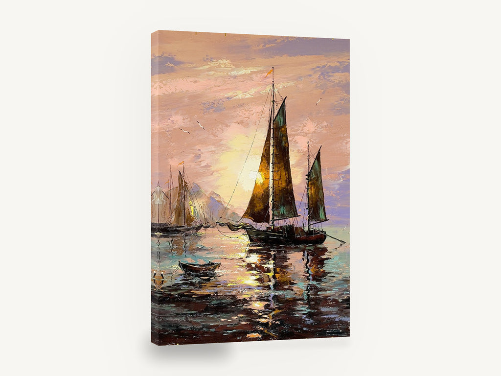 Golden Hour Sailboats, sailboats at sunset seascape painting, coastal canvas wall art print ready to hang