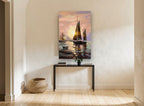 Golden Hour Sailboats coastal canvas print on the wall of a hallway