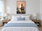 Golden Hour Sailboats coastal canvas print on the wall of a coastal bedroom