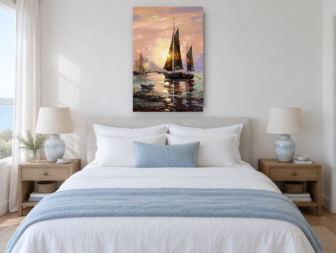 Golden Hour Sailboats coastal canvas print on the wall of a coastal bedroom