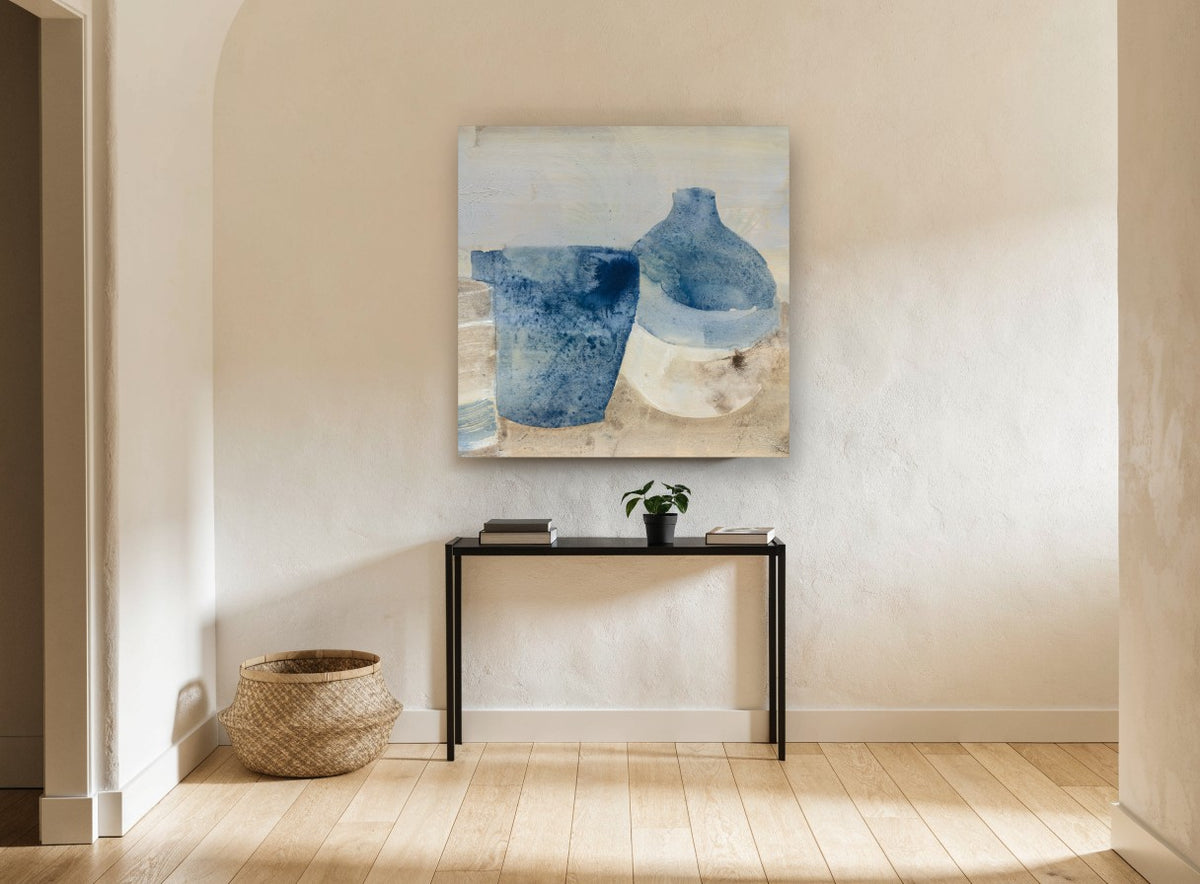 Indigo Jug and Pot kitchen canvas print on the wall of a hallway