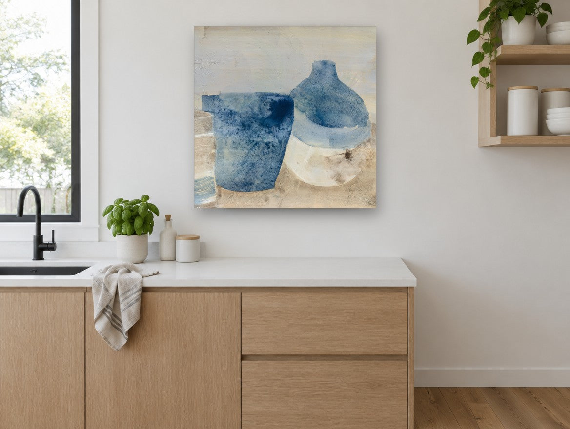 Indigo Jug and Pot kitchen canvas print on the wall of a kitchen