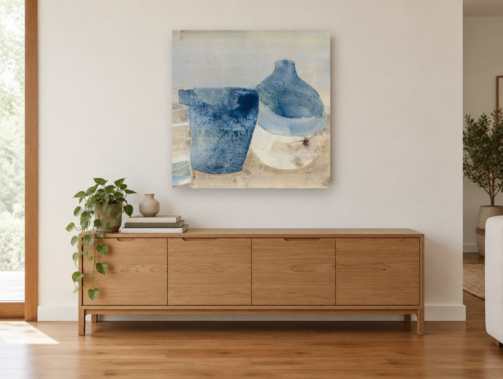 Indigo Jug and Pot kitchen canvas print on the wall of a living room above a sideboard