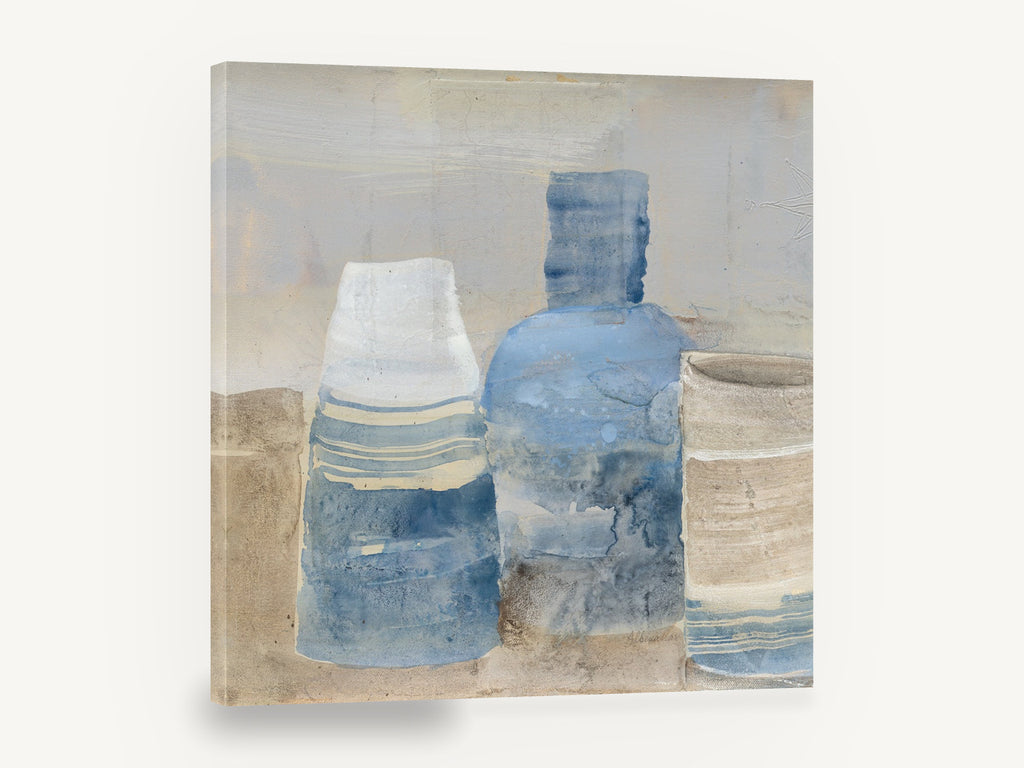 Blue Jars on Linen, blue bottles abstract still life kitchen, kitchen canvas wall art print ready to hang