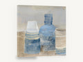 Blue Jars on Linen, blue bottles abstract still life kitchen, kitchen canvas wall art print ready to hang