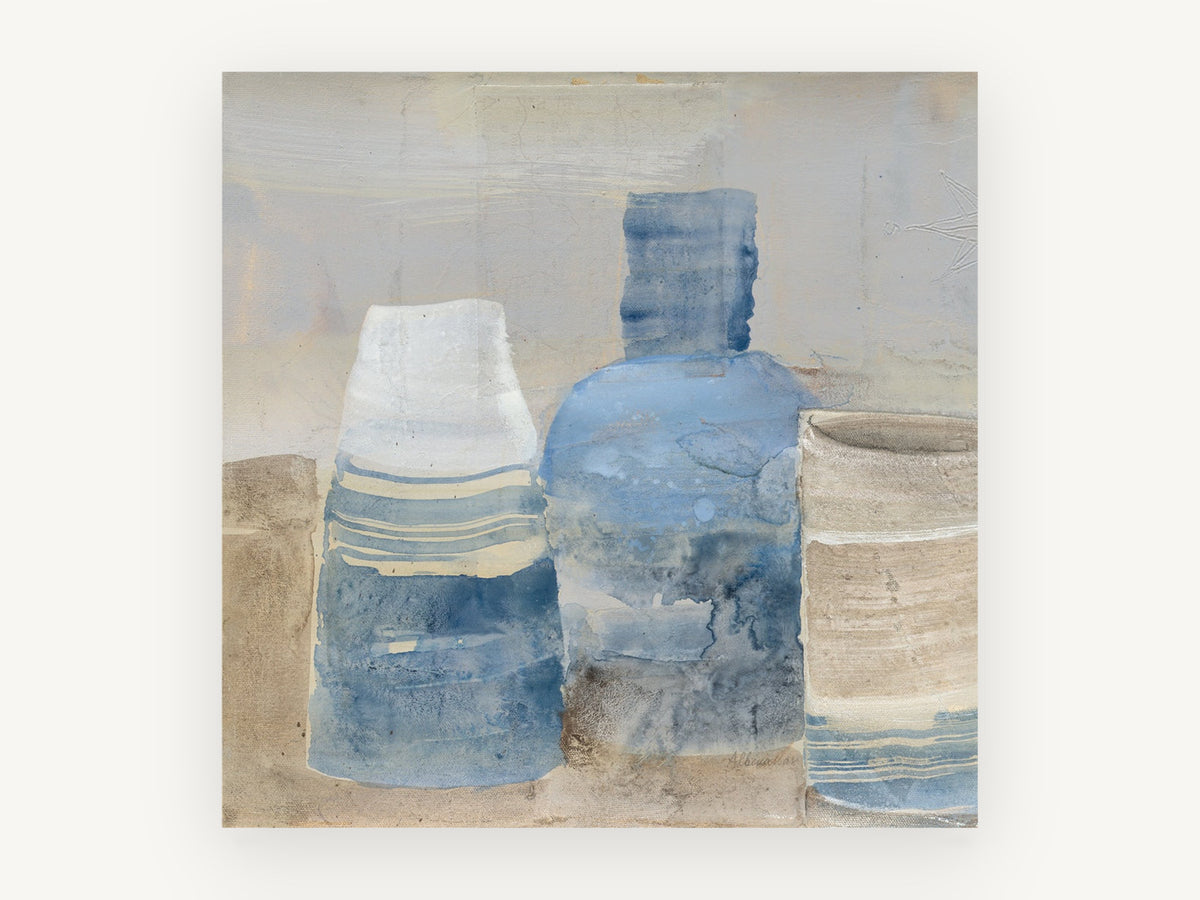 Blue Jars on Linen, kitchen canvas wall art print, front view
