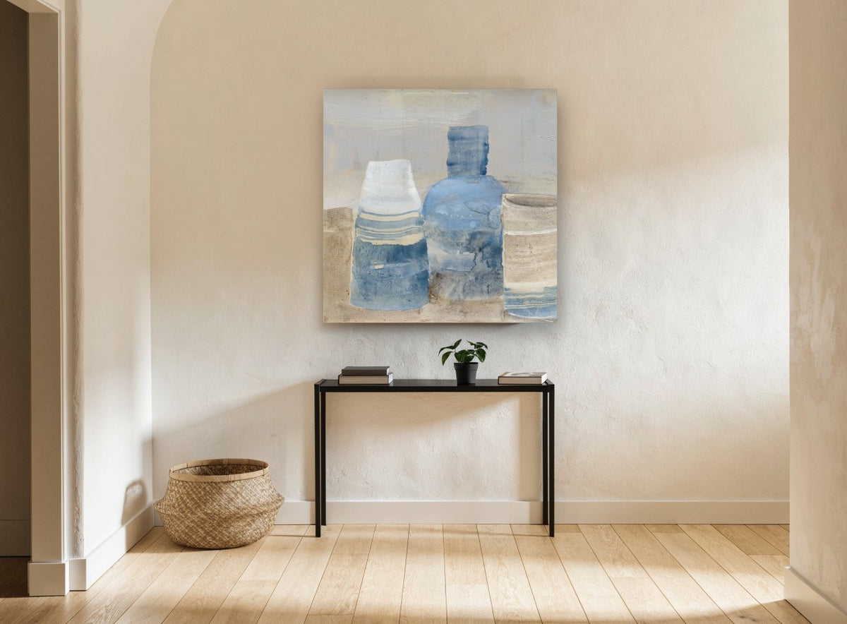 Blue Jars on Linen kitchen canvas print on the wall of a hallway