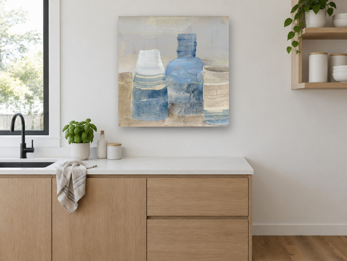 Blue Jars on Linen kitchen canvas print on the wall of a kitchen