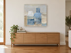 Blue Jars on Linen kitchen canvas print on the wall of a living room above a sideboard