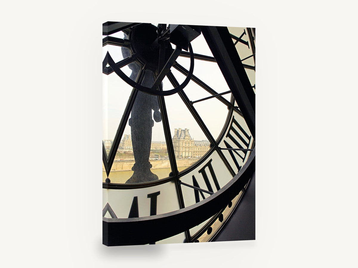 Through the Station Clock, paris clock face city view, stretched canvas wall art print ready to hang