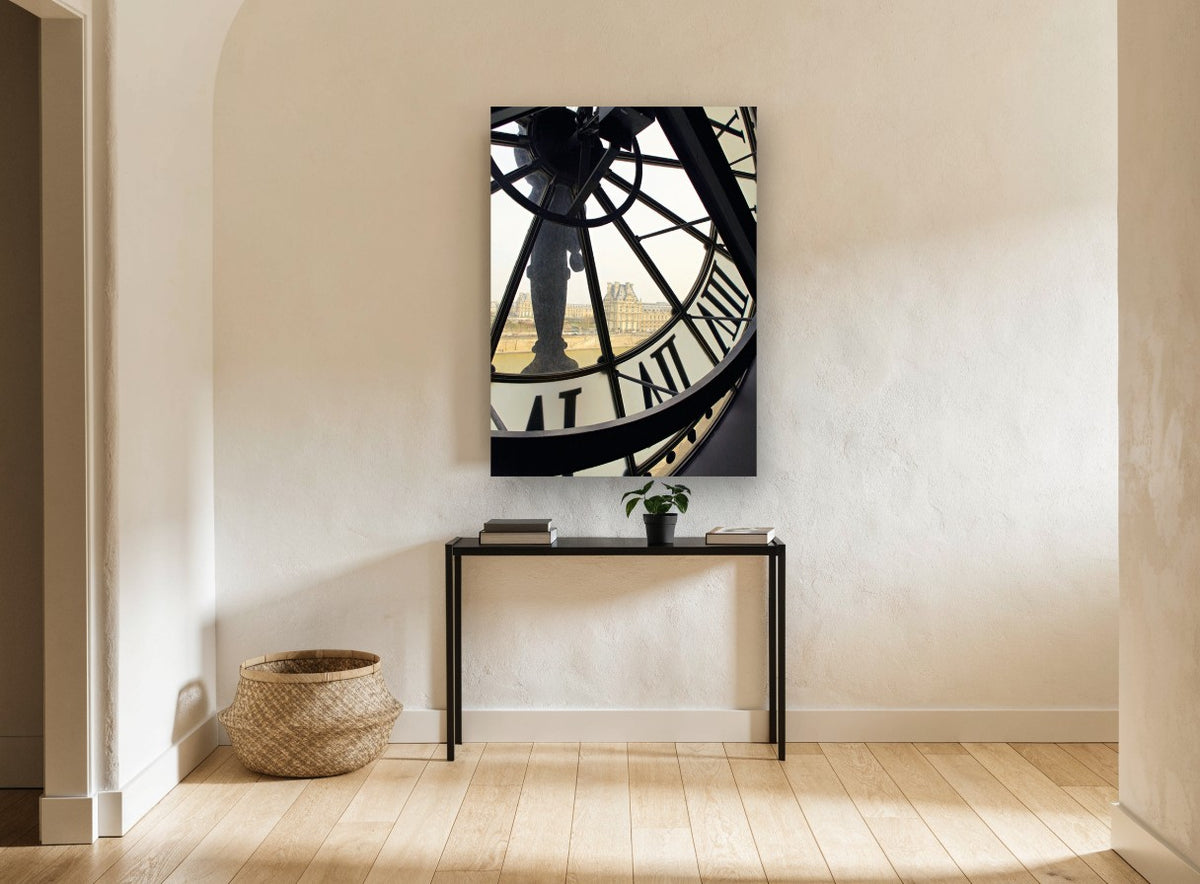 Through the Station Clock vintage canvas print on the wall of a hallway