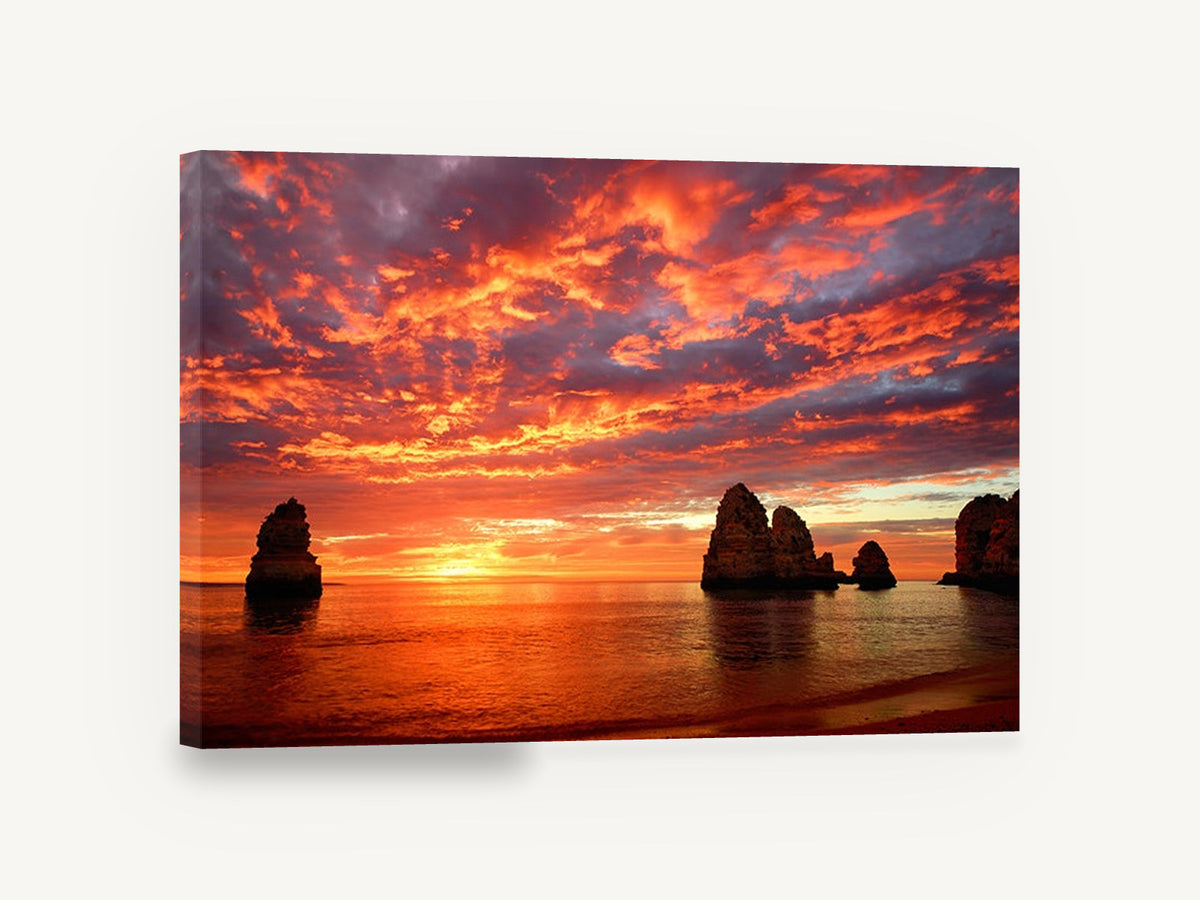 Ember Sky Sea Stacks, red sunrise sea stacks photograph, coastal canvas wall art print ready to hang