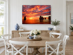 Ember Sky Sea Stacks coastal canvas print on the wall of a Hamptons dining room