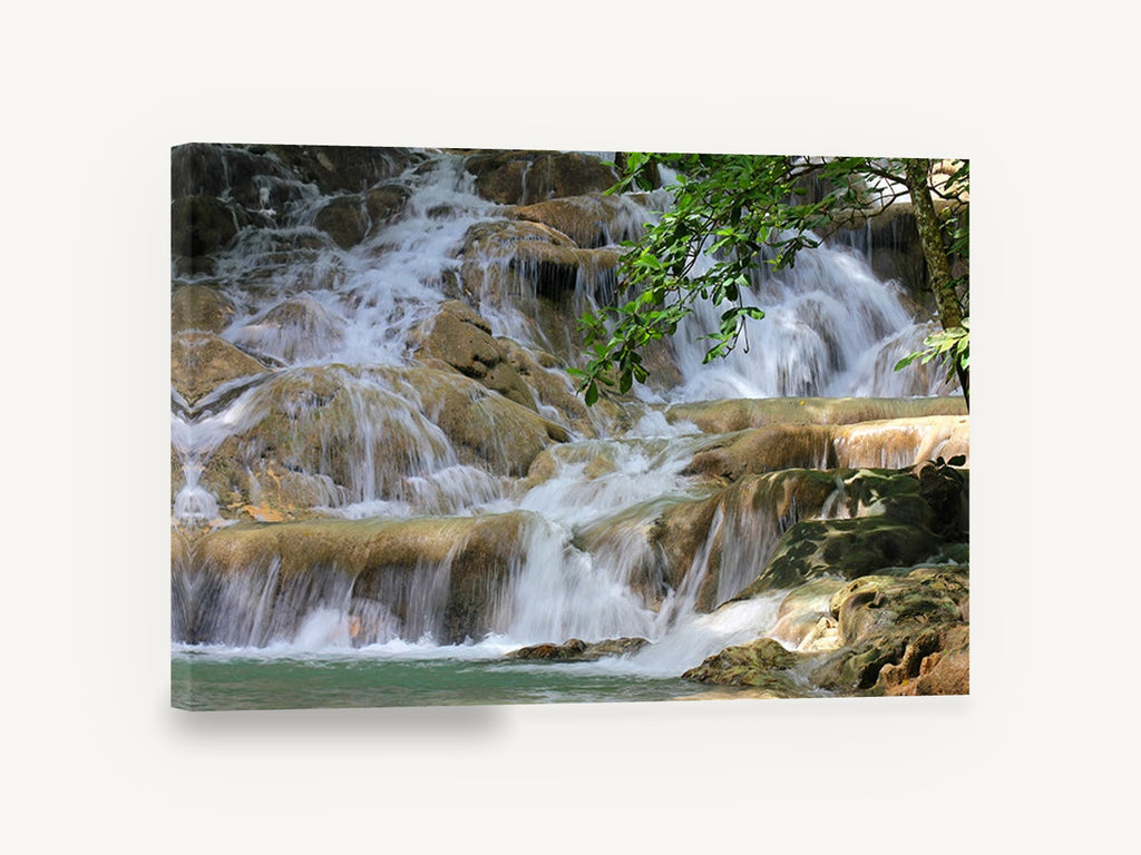 Silken Cascade Steps, tiered waterfall over mossy rocks photograph, landscape canvas wall art print ready to hang