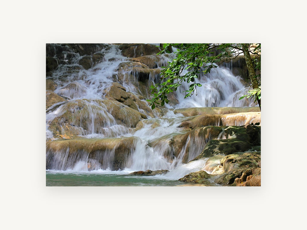 Silken Cascade Steps, tiered waterfall over mossy rocks photograph, landscape canvas wall art print, front view