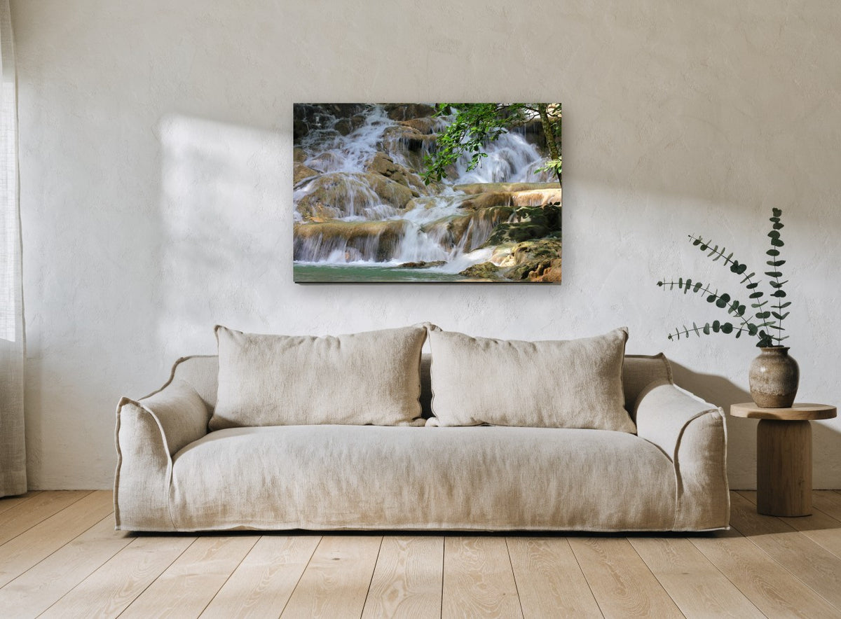 Silken Cascade Steps landscape canvas print on the wall of a living room