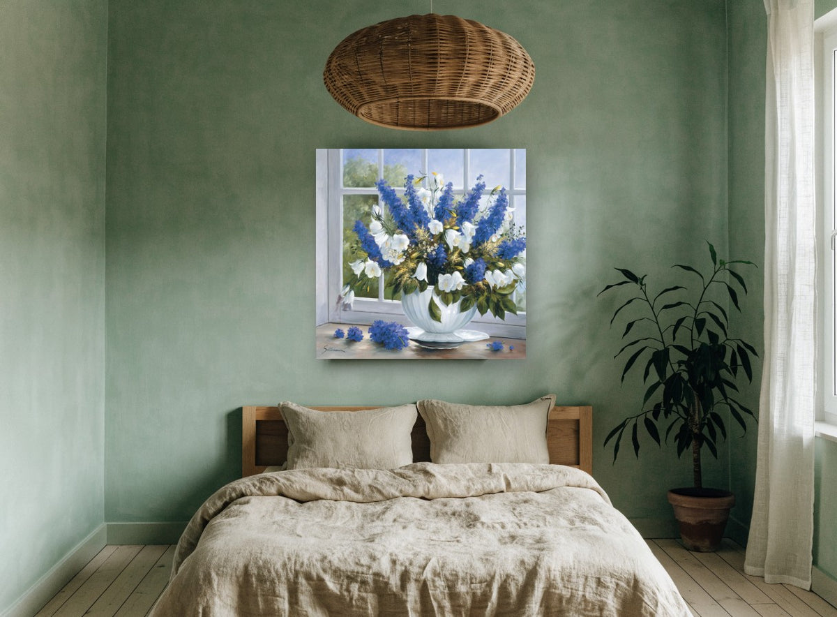 Windowsill Delphiniums floral canvas print on the wall of a bedroom
