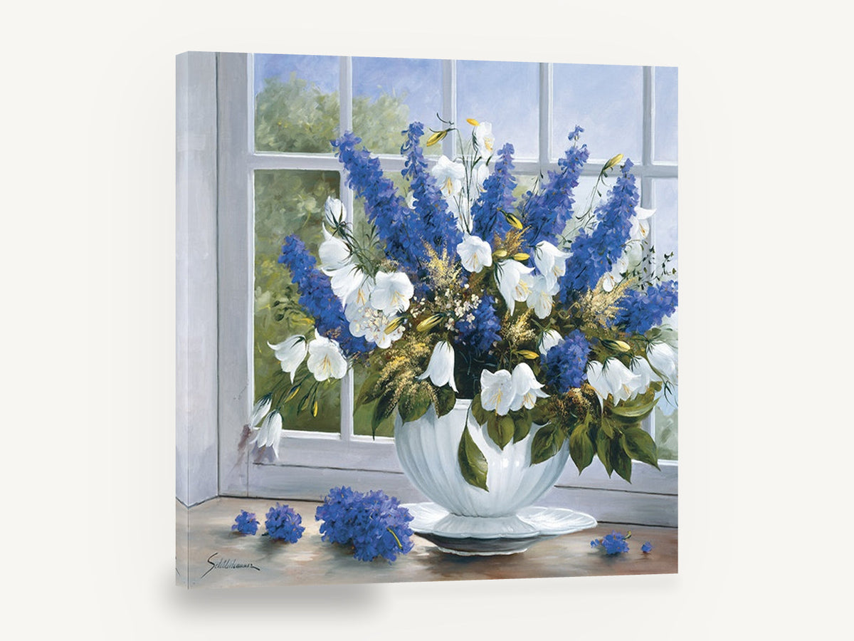 Windowsill Delphiniums, blue delphinium white bellflower still life, floral canvas wall art print ready to hang