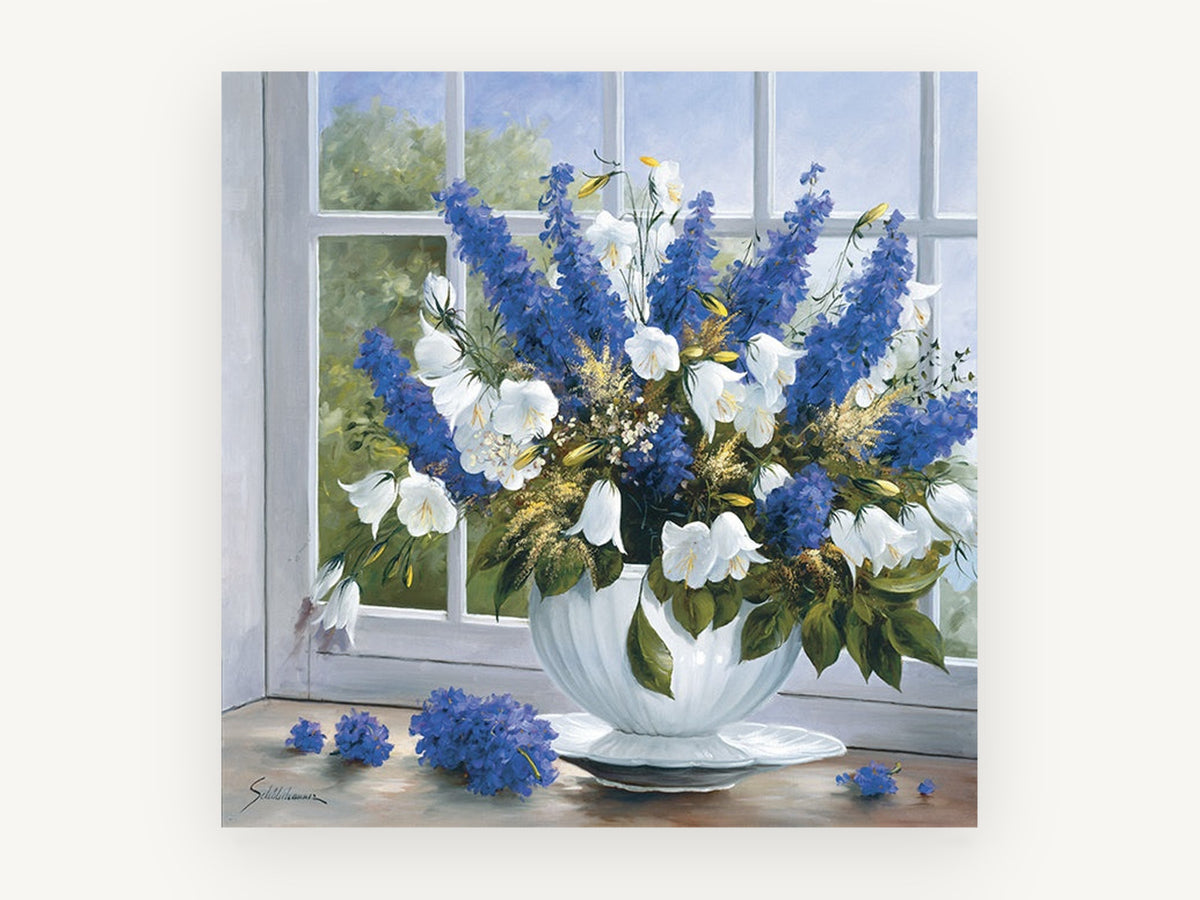 Windowsill Delphiniums, floral canvas wall art print, front view