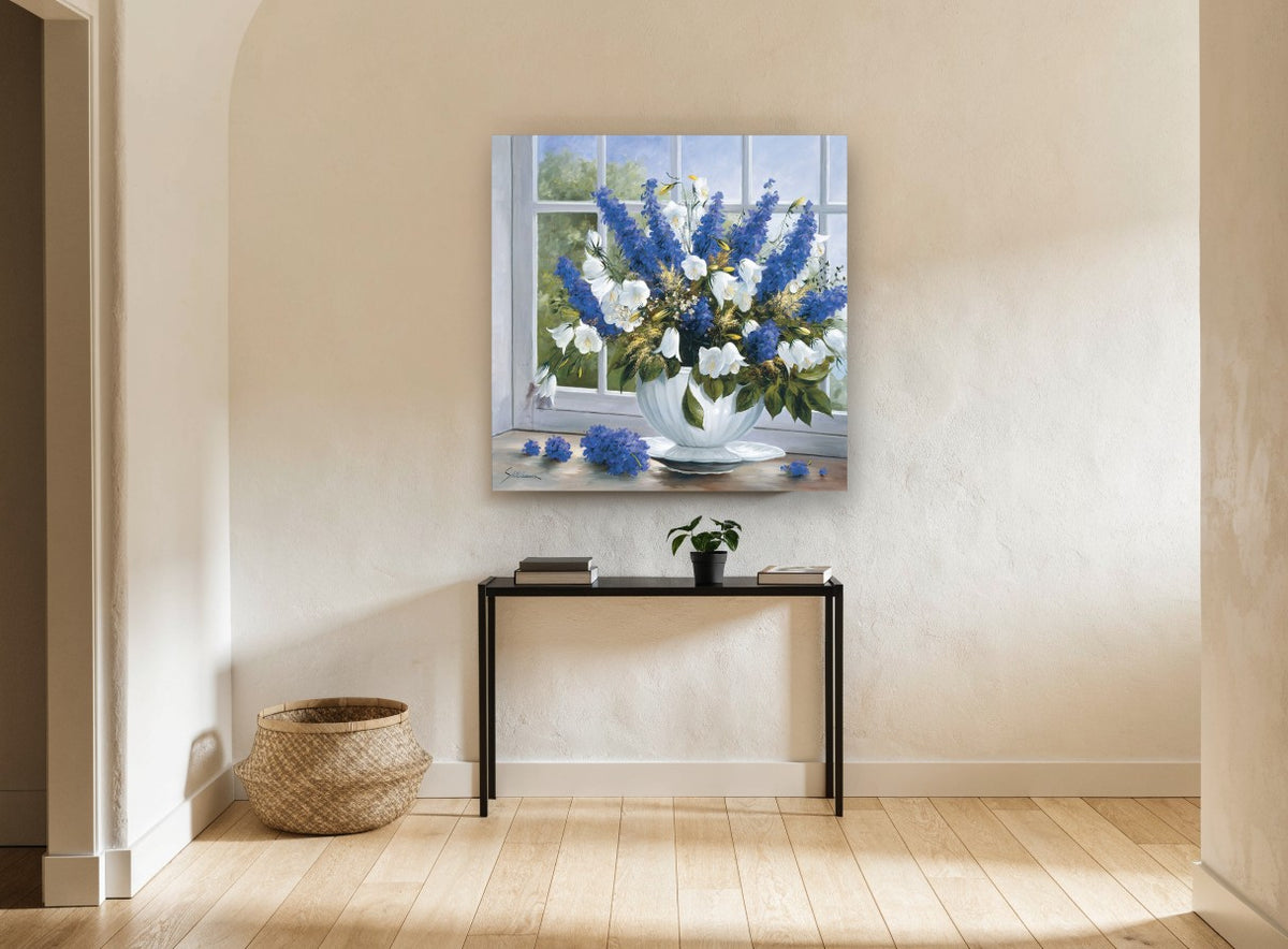 Windowsill Delphiniums floral canvas print on the wall of a hallway