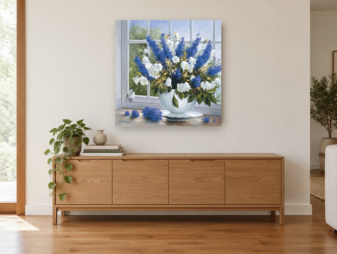 Windowsill Delphiniums floral canvas print on the wall of a living room above a sideboard