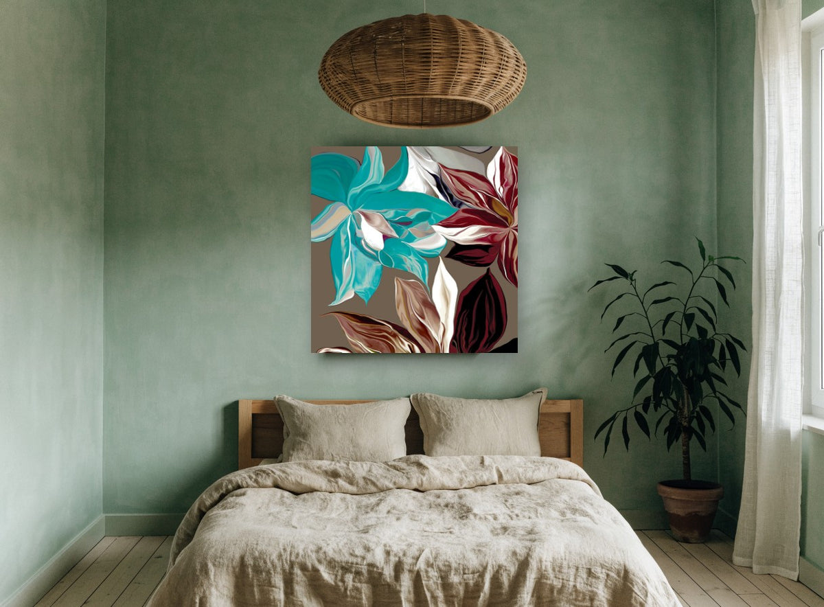 Teal and Burgundy Satin Blooms floral canvas print on the wall of a bedroom