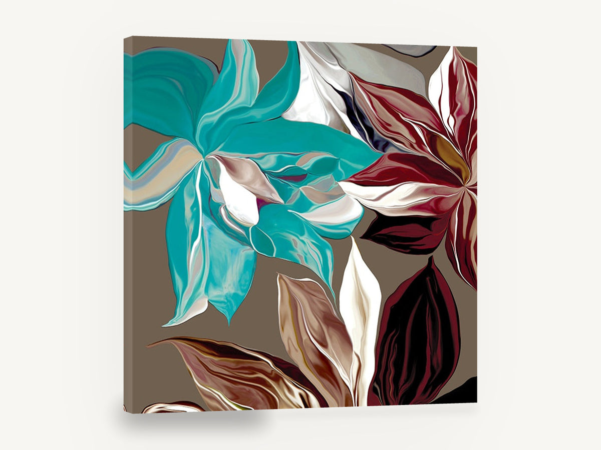 Teal and Burgundy Satin Blooms, teal burgundy abstract floral digital art, floral canvas wall art print ready to hang