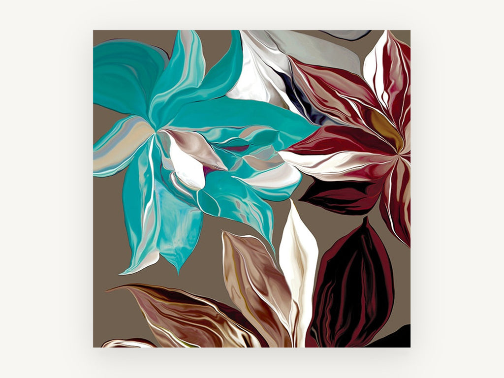 Teal and Burgundy Satin Blooms, floral canvas wall art print, front view