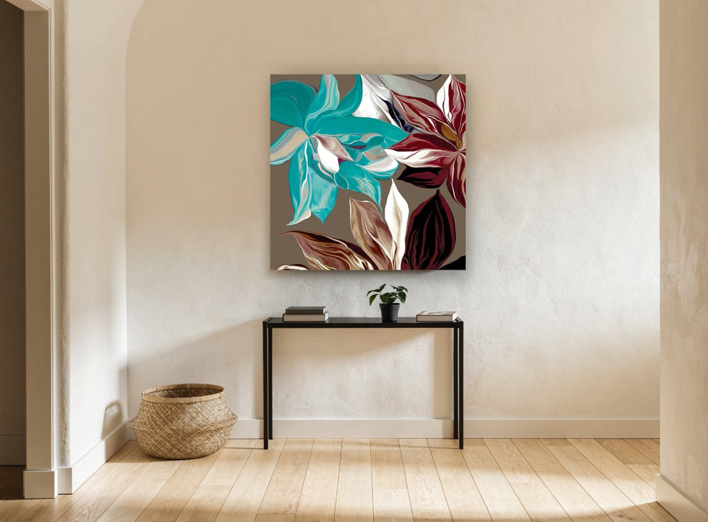 Teal and Burgundy Satin Blooms floral canvas print on the wall of a hallway