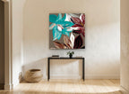 Teal and Burgundy Satin Blooms floral canvas print on the wall of a hallway