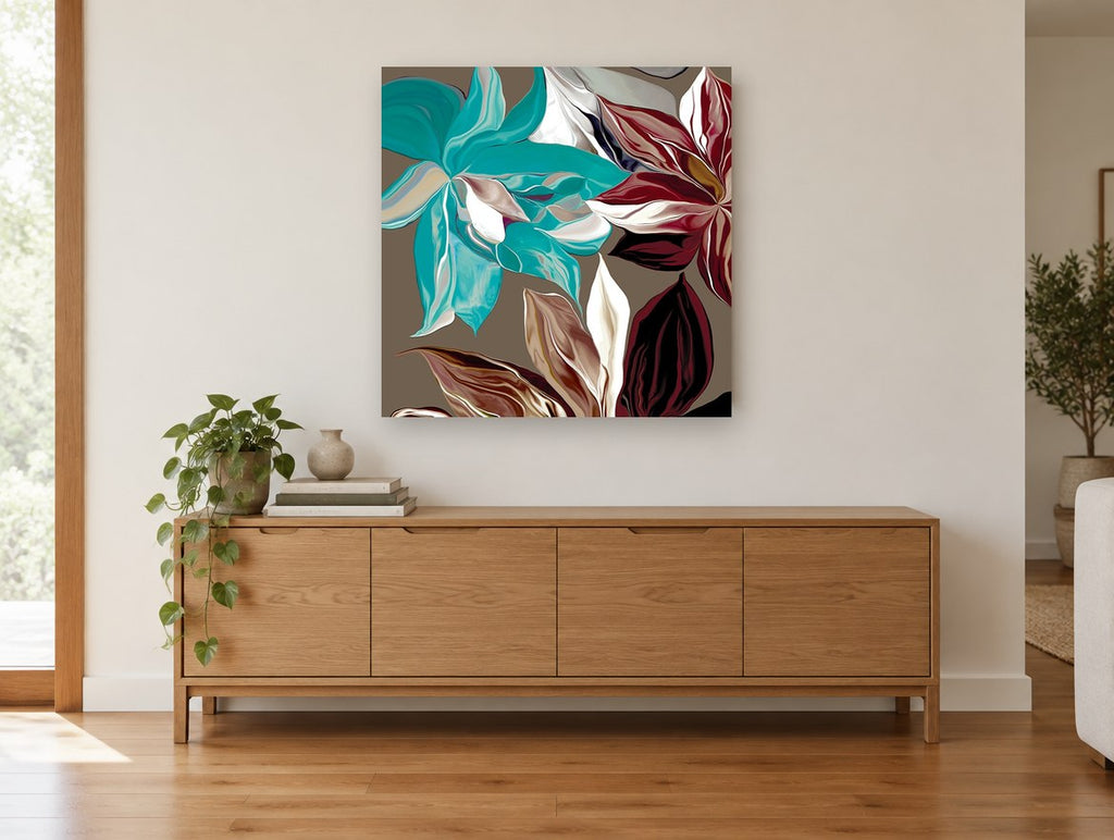 Teal and Burgundy Satin Blooms floral canvas print on the wall of a living room above a sideboard