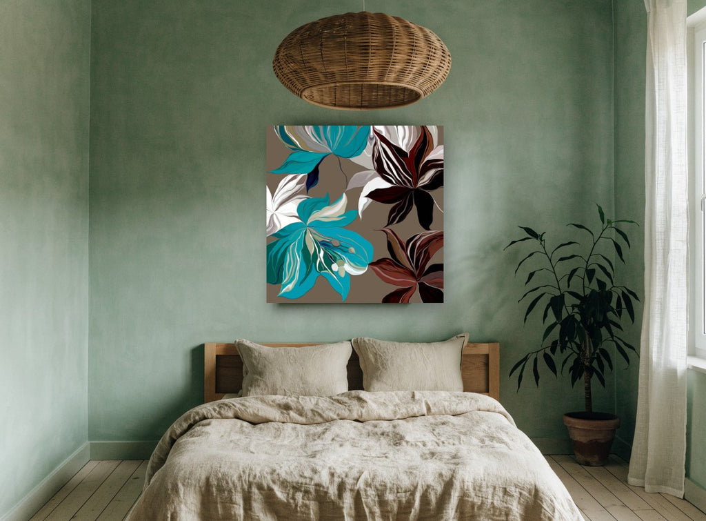 Teal and Burgundy Blooms floral canvas print on the wall of a bedroom