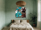 Teal and Burgundy Blooms floral canvas print on the wall of a bedroom