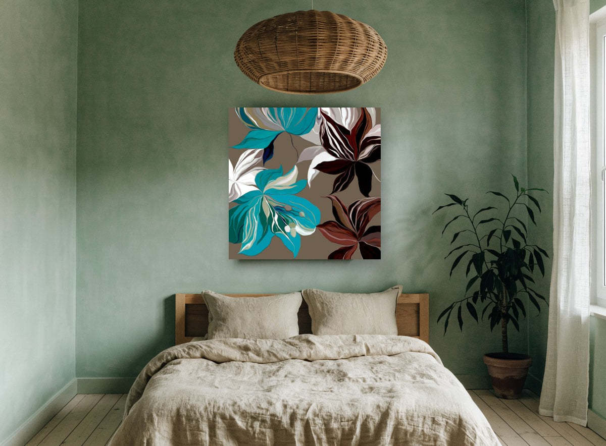 Teal and Burgundy Blooms floral canvas print on the wall of a bedroom